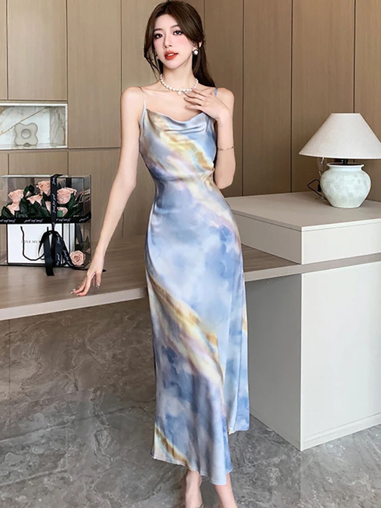 Summer Korean Elegant Casual Holiday Dress Suits 2024 Women Fashion Gradien Sling Long Dress+White Knitted Shawl Two Piece Sets