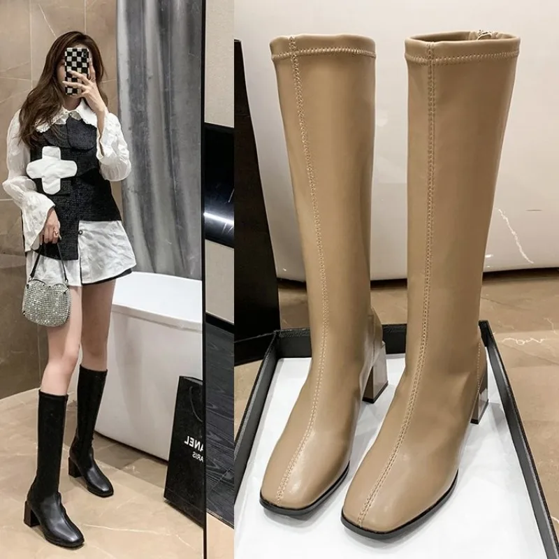 أسود بولي Leather جلد الركبة أحذية للنساء أحذية مشبك معدني الديكور موضة جديدة في الهواء الطلق طويل بوتاس أحذية السيدات حجم 35-40 #3