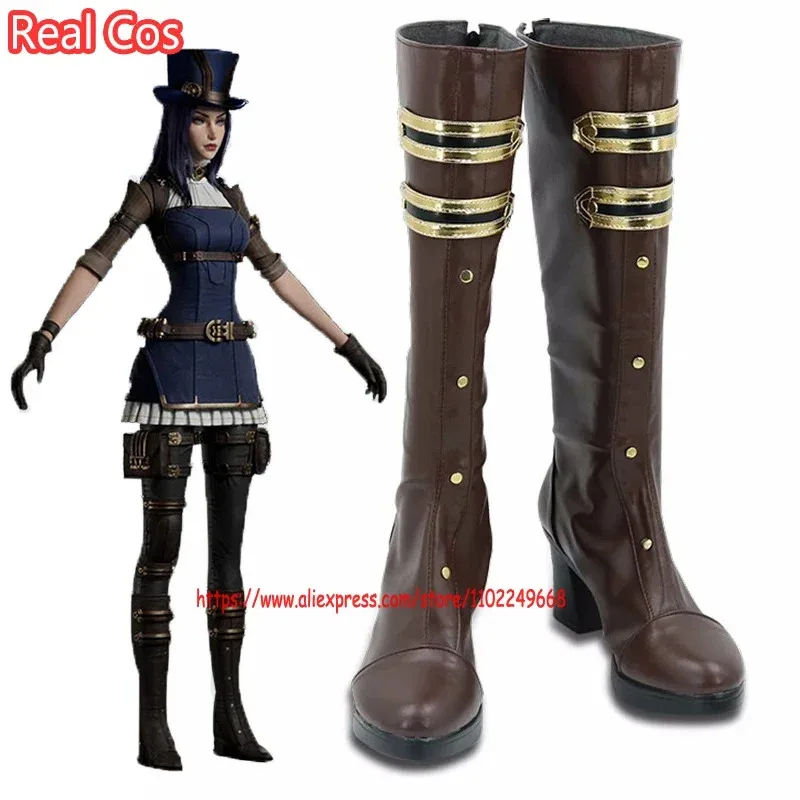RealCos Game LOL Arcane Caitlyn أحذية كايتلين التأثيرية أحذية كايتلين التأثيرية أحذية النساء أحذية عالية الكعب أحذية بنية إكسسوارات الهالوين