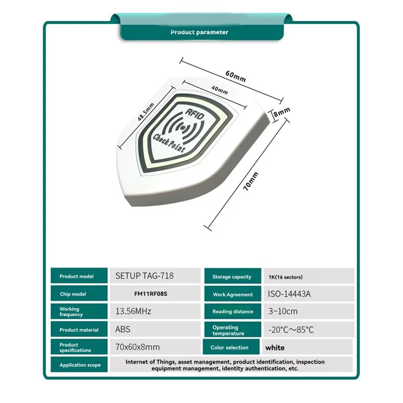 

Y14A 10Pcs FM11RF08 NFC RFID Patrol Point Card 13.56Mhz Anti-Metal 70X60mm Luminous Shield Inspection Tags For Security