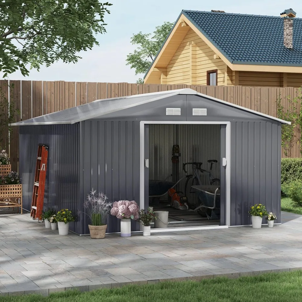 11' x 13' Outdoor Storage Shed, Garden Tool House with Foundation Kit, 4 Vents and 2 Easy Sliding Doors for Backyard,Dark Gray