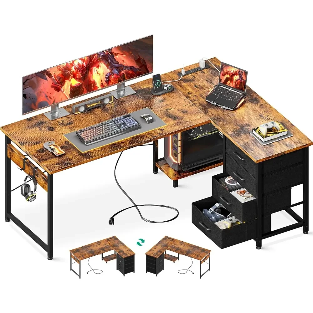 

L Shaped Desk with 4 Tier Drawers, 53" Gaming Desk with Power Outlets & USB, Reversible L-Shaped Computer Desk with CPU Stand