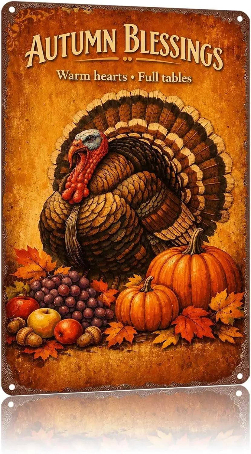 Metal Sign Autumn Blessings Turkey Pumpkins Fruits Fall Harvest Wall Decor | Classic  ,Retro,Waterproof Aluminum,Funny,UV-printi