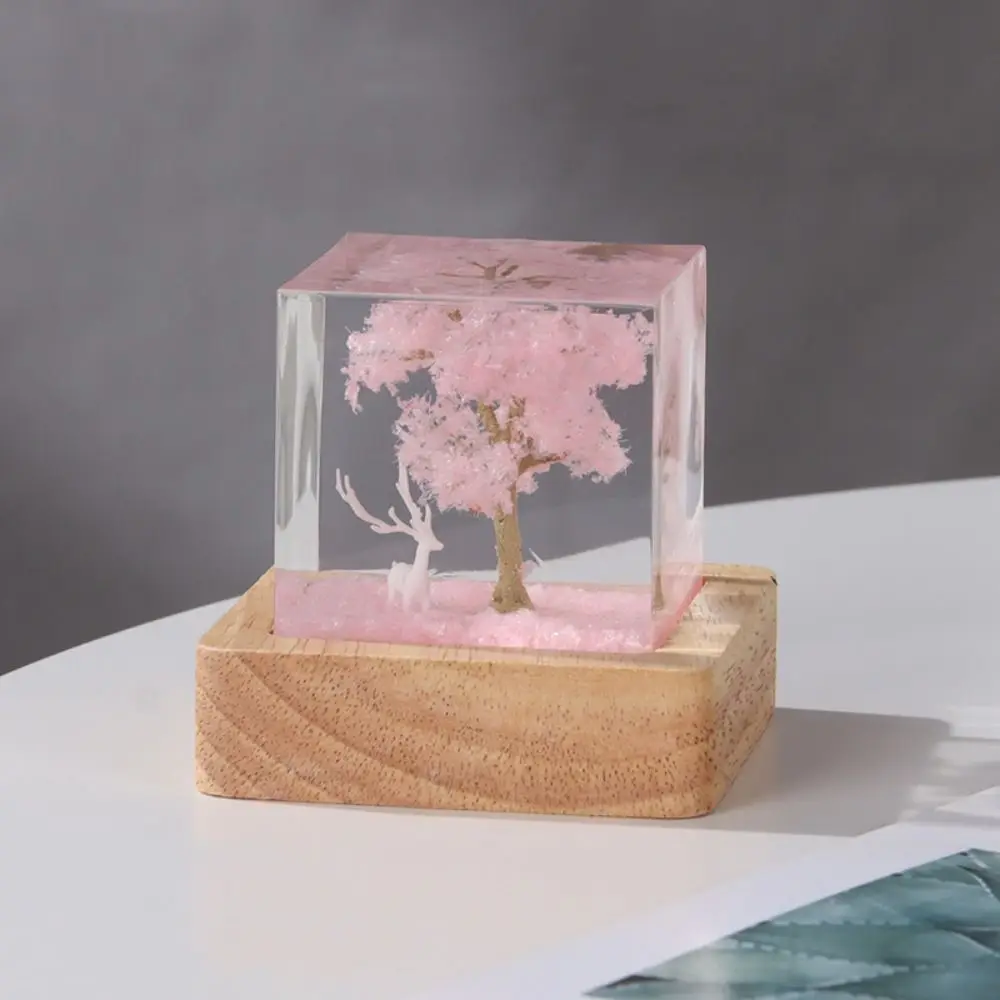 White Elk Cherry Blossom Night Light Handmade USB Cherry Blossom Tree Lamp Romantic Wood Base Pink Bedside Light Birthday Gift