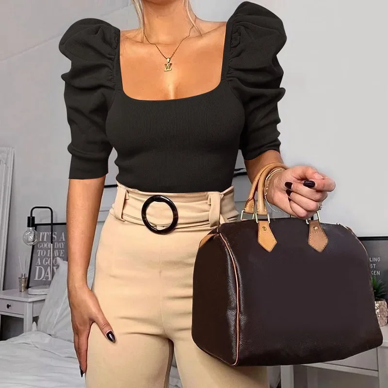 Vintage Puff Sleeve Women Blouse Square Neck Korean Style Tops Elegant Sexy White Black Slim Crop Blouse Women