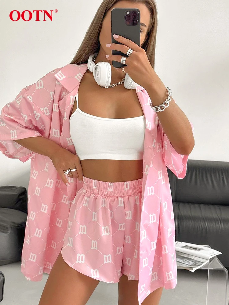 Pink Print Shorts Suits Home Wear Spring Short Sleeve Tops Elastic Waist Shorts Pajamas 2024 Casual 2 Piece Nighties Sleepwear