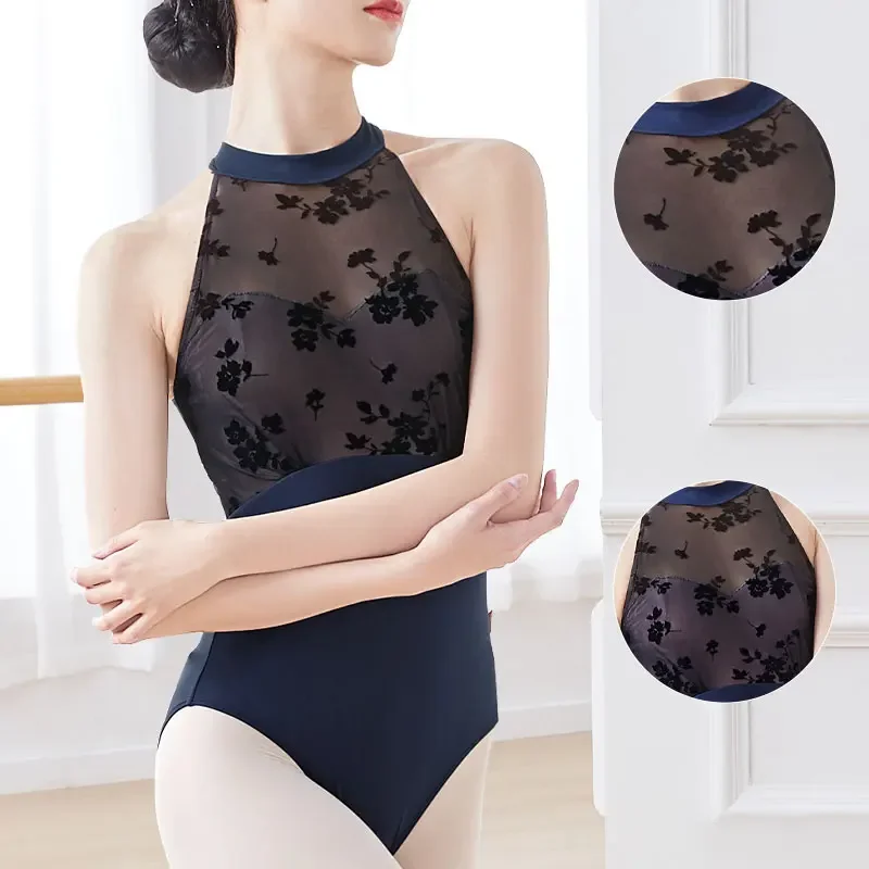 Women Ballet Leotards Sleeveless Stand-up Collar Mesh Patckwork Hollow Leotard Girls Skate Pole Dancing Bodysuit Swimwear