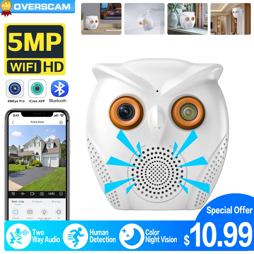 iCSee Owl Shape HD 5MP Camera Wireless Surveillance Indoor CCTV Color Night Vision Monitor Two Way Audio Baby Mini Wifi Camera