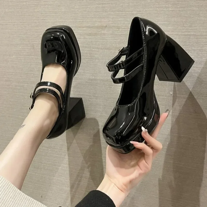 2025 New Lacquer Leather Women's Double Button Thick High Heels Women's Square Head Buckle Thick Heels Large Heels Women's Shoes - view 2