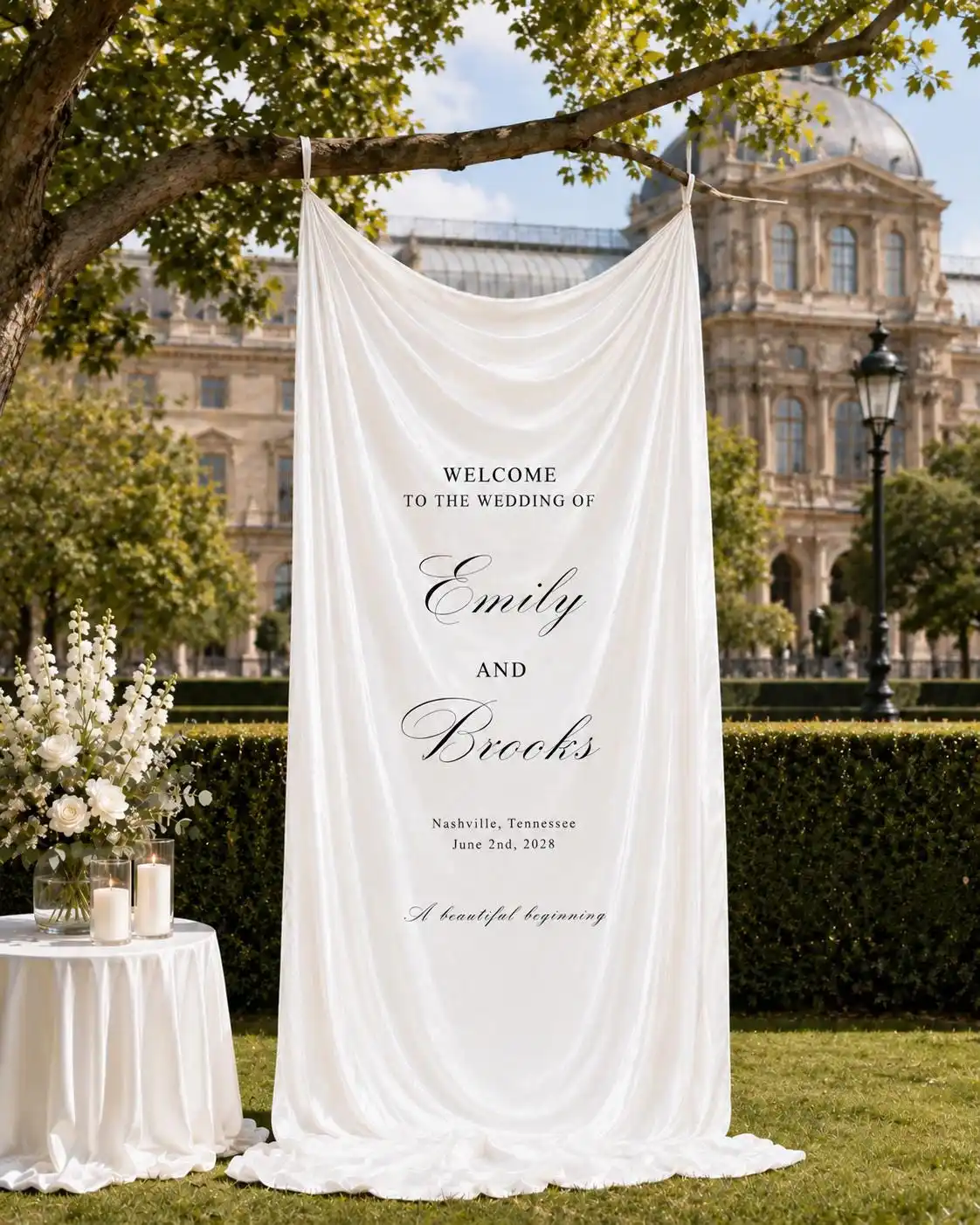 Personalized Satin Silk Welcome Sign – Custom Wedding Banner, Suitable for Baby Showers Baptisms Christenings Church Entrance