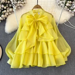 Neploe Elegant Sweet Bow Lace Up Blouses 2024 Spring New Chiffon Shirts Women Y2k Mesh Lantern Sleeve Loose Blusas Mujer