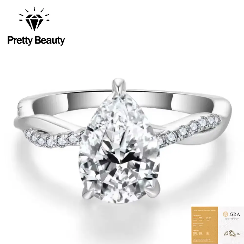 Pretty Beauty 2ct Pear Cut Moissanite Engagement Ring for Women S925 Silver Teardrop Diamond Twisted Band Ring Wedding Jewelry