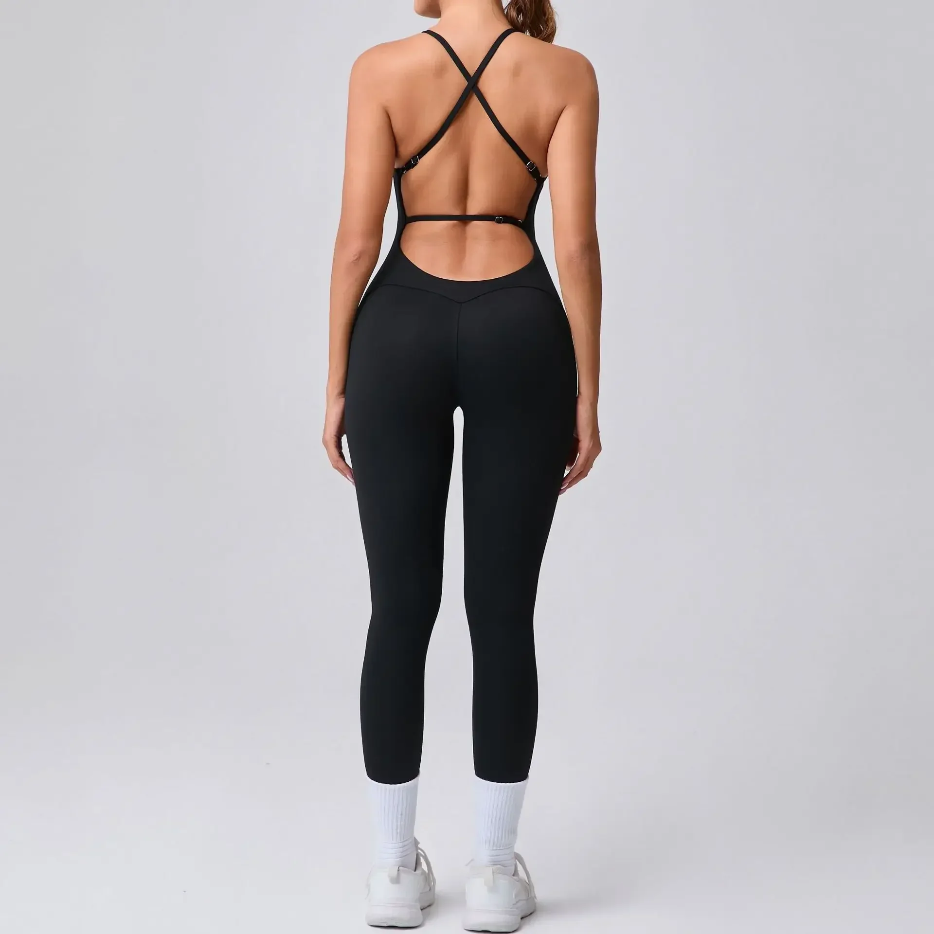 

Cross Backless Bodycon Sport Jumpsuit Women Sexy Monkeys One Piece Outfit Sleeveless Sling Gym Fitness Overalls Yoga Set Black