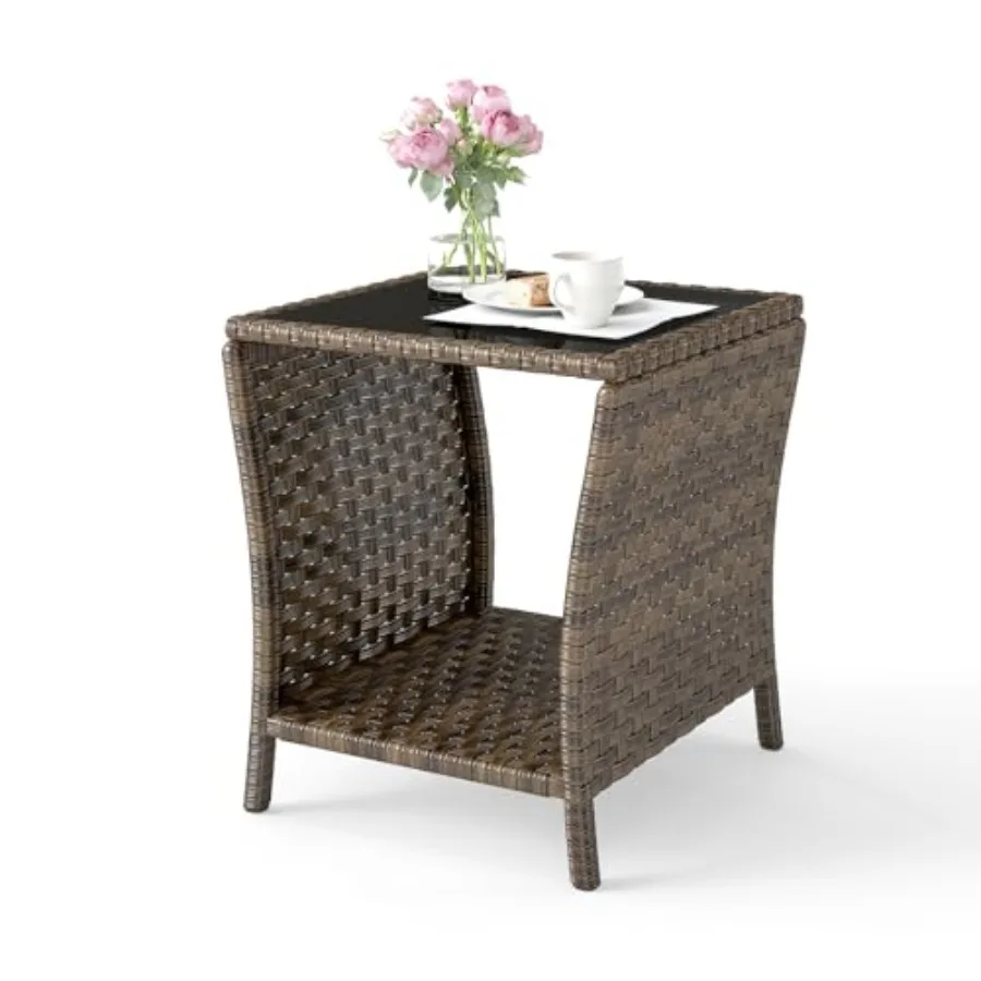 

Outdoor Wicker Side Table Rattan Side Tables End Table for Patio with Glass Top Rattan Storage for Patio Garden Balcony