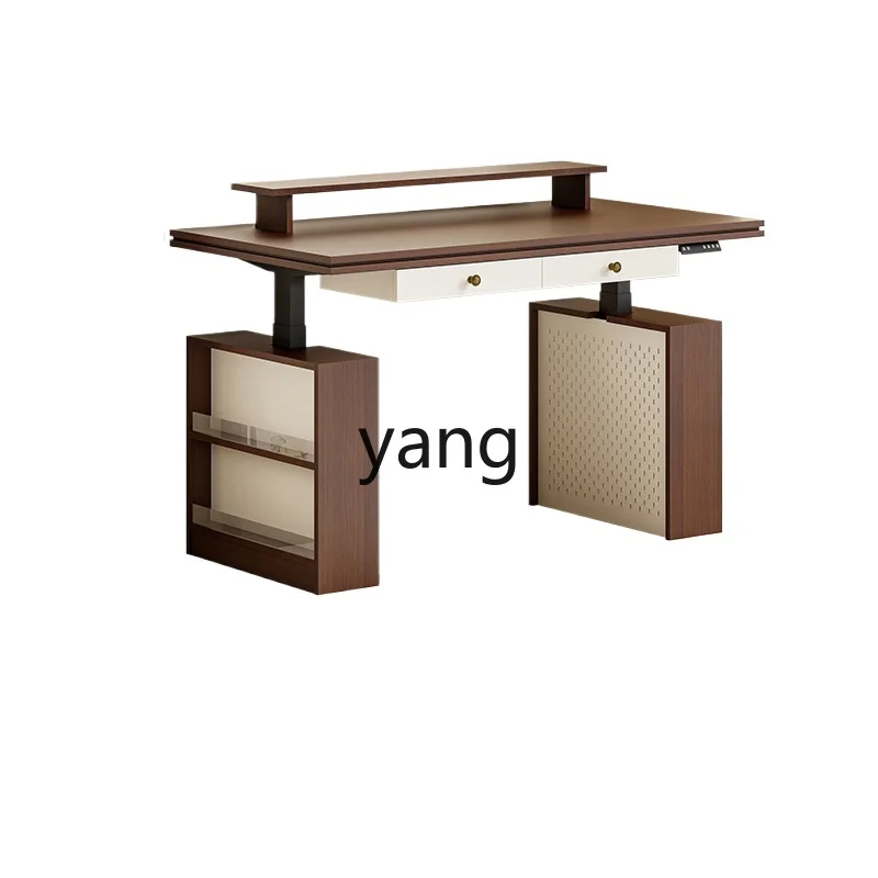 LMM  Retro Brown Electric Lifting Desk Multifunctional Standing Office Workbench Furniture