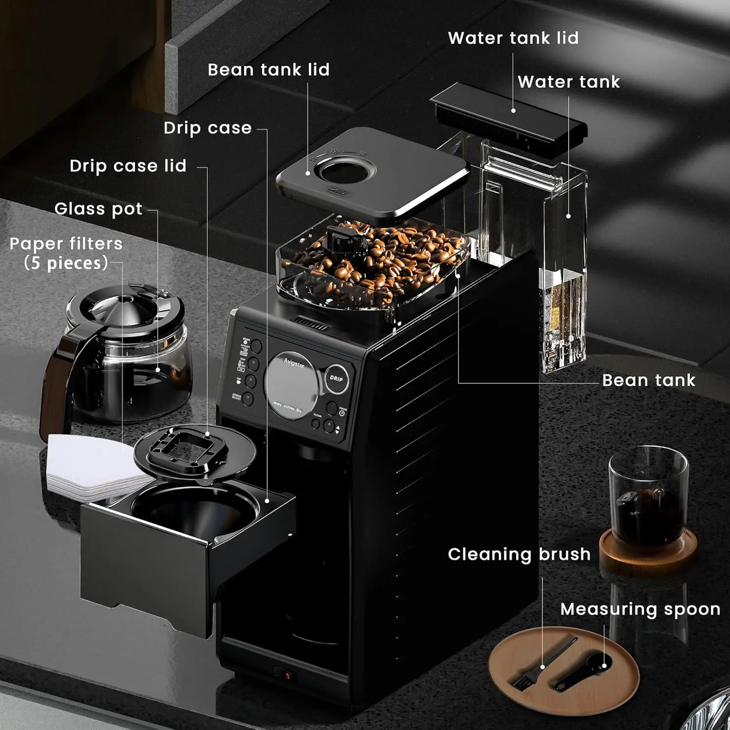 Coffee Maker - Built-in Burr Grinder, Self-Cleaning, Iced Coffee, 24H Programmable Timer, Sleek Dull Black Design