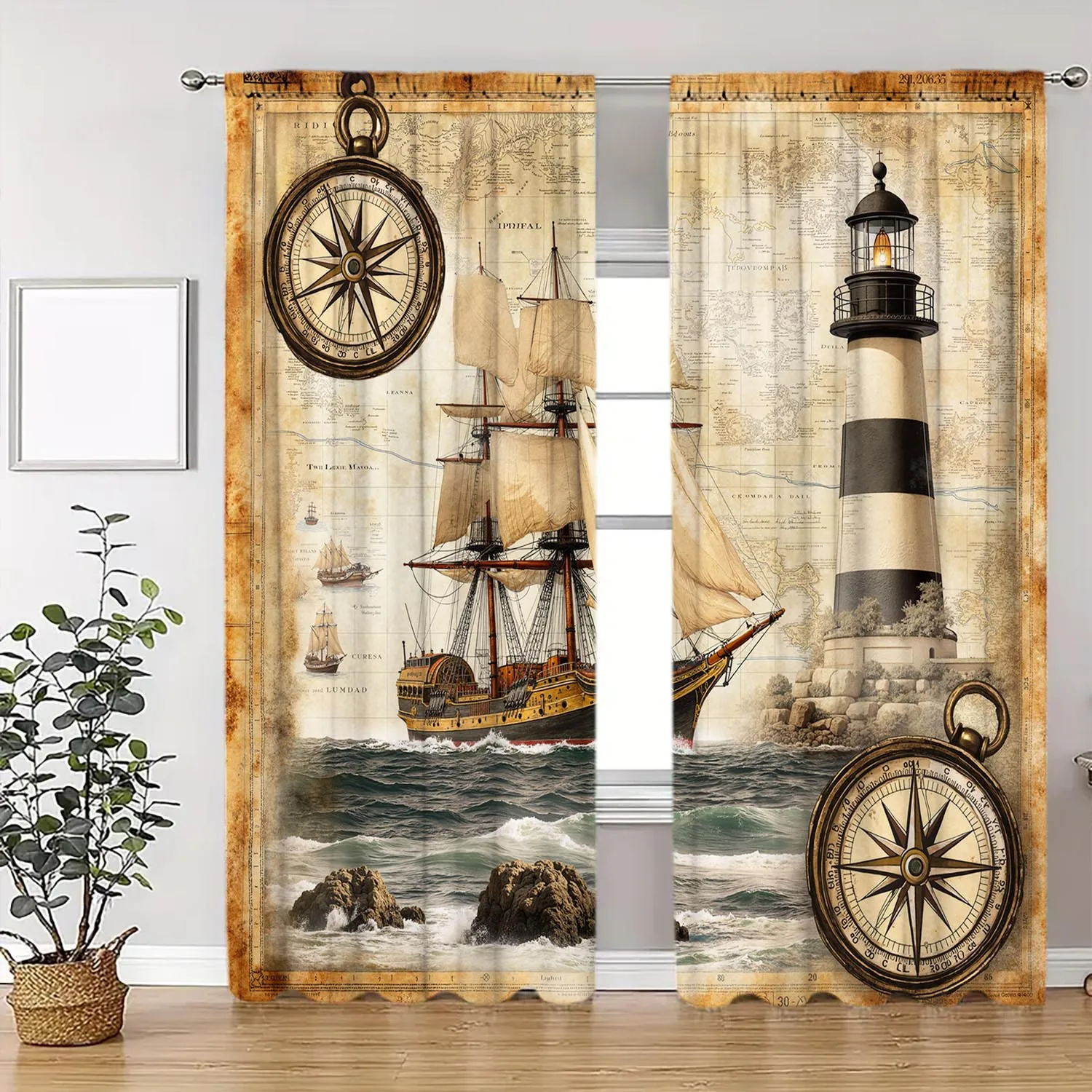 Vintage Nautical Map Lighthouse Curtain Drapes Coastal Ocean Ship Print Window Treatment Maritime Coastal Decor Panels