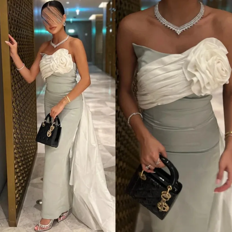 Aleeshuo Exquisite Straight Dubai Arabia Prom Dress Sleeveless Evening Dress Strapless With Flower Pleat Ankle-Length Party Gown