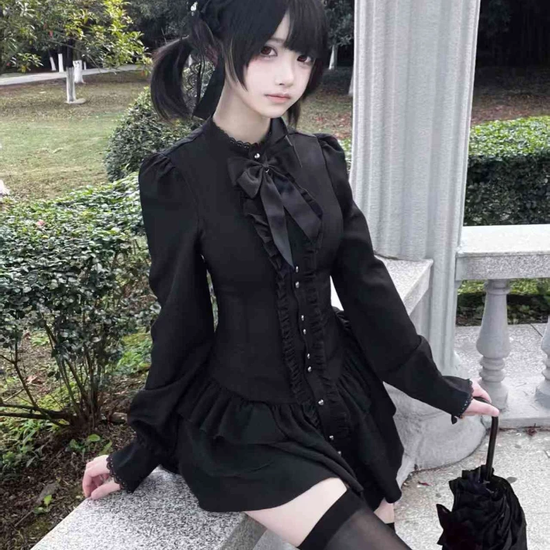Japanisches Gothic-Lolita-Kleid für Damen, dunkles Schleifenkleid mit Spitze, Rüschen, langen Ärmeln, schmales Hemdkleid, Vintage Y2K Party Mini-Kleid, Cosplay