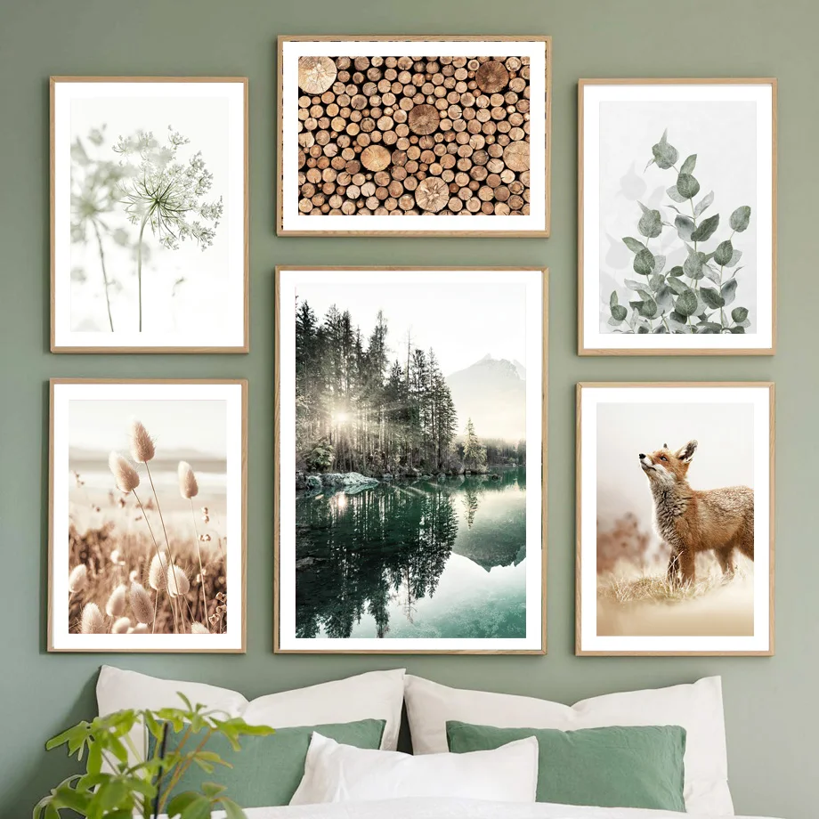1pc frameless Canvas painting Nature Landscape Posters Morning View Lake Wood Logs Beach Grass Lace Flower Fox Wall Art Canva