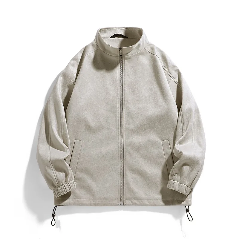 Men's Brown Suede-Like Stand Collar Jacket Full Zip Drawstring Hem Loose Retro Casual Outerwear