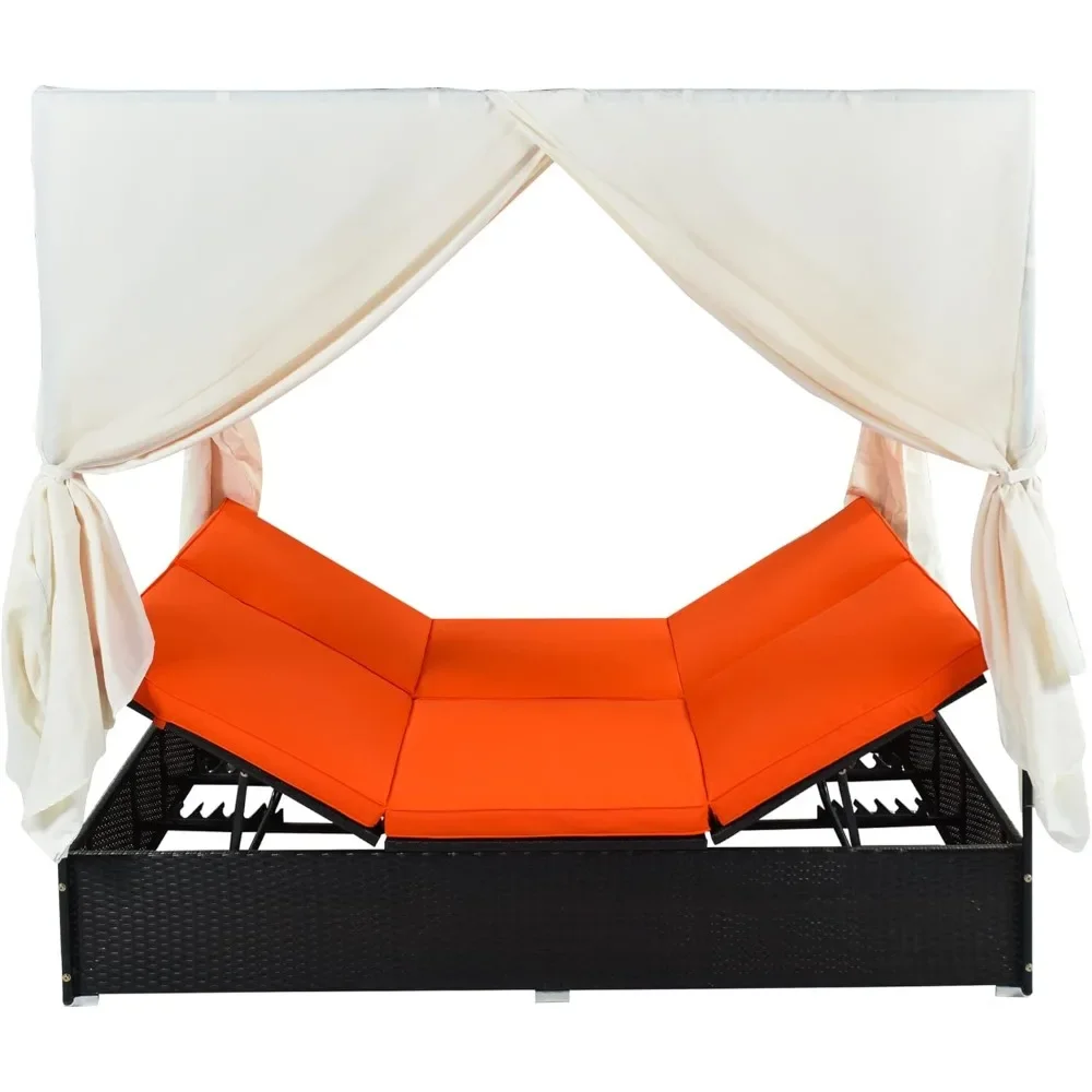 Outdoor Patio Wicker Daybed Sunbed with Retractable Canopy Sun Lounger with Curtains Garden Furniture