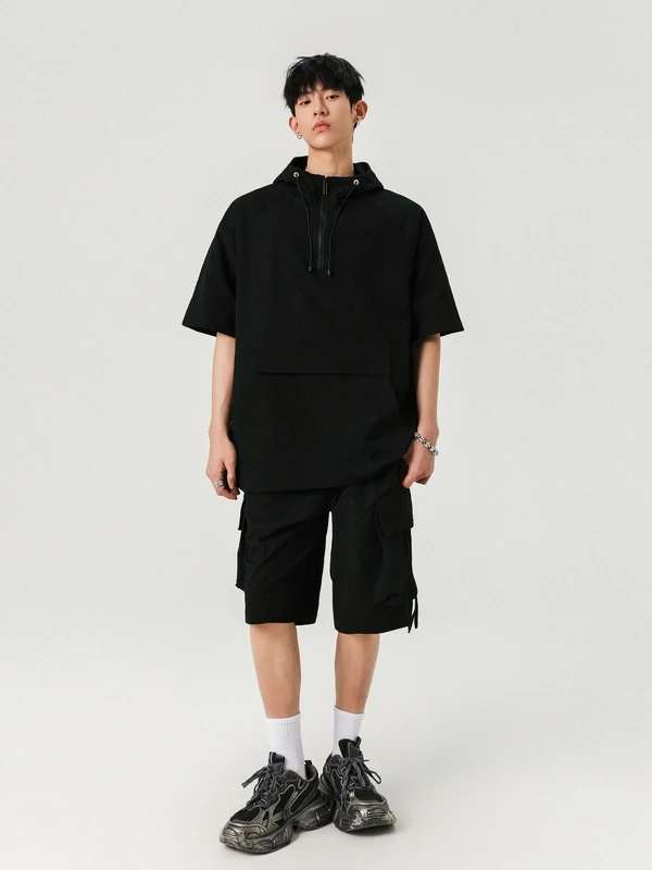 ชุดลำลองฤดูร้อนแบบสปอร์ต เสื้อฮู้ดดี้ทรงหลวม เสื้อยืด และกางเกงขาสั้น ผ้าใยโพลีเอสเตอร์ แฟชั่นวัยรุ่น ชุดทำงานแบบมีซิป