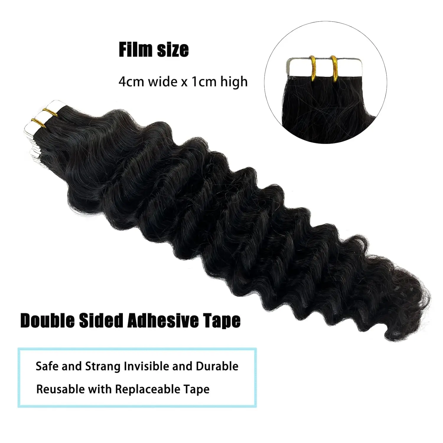 Remy Tape-In Cabelo Humano para Mulheres, Extensões de Onda Profunda, 100% Cabelo Humano Real, Adesivo de Trama, Cola no Salão, Alta Qualidade, 26 cm