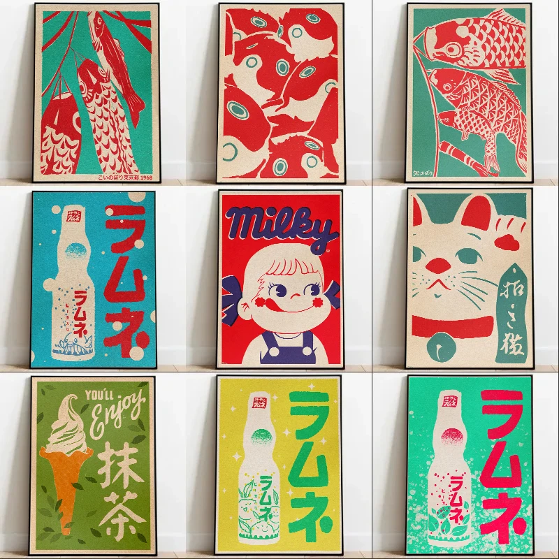 Póster Vintage Matcha de gato de la suerte, arte Pop de comida japonesa Kawaii, pintura en lienzo, imágenes de pared, decoración de tienda de cocina para el hogar, regalo