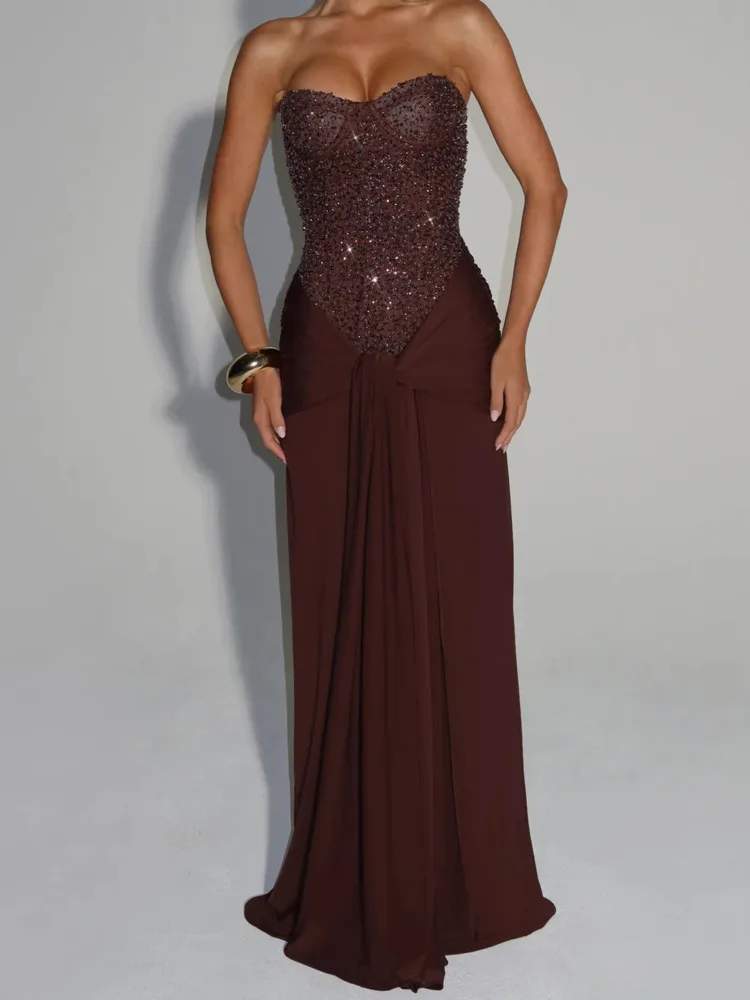 DFDG Dames 2025, lente zomer, luxe paillettenjurk, strapless, hoge taille, wikkelband, bodycon, effen kleur, formele maxi-jurk