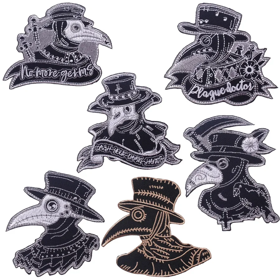 Plague Doctor Embroidery Patches Crow Mask Iron on Cloth Appliques No More Germs Embroidered Badges Black Raven Thermo Stickers