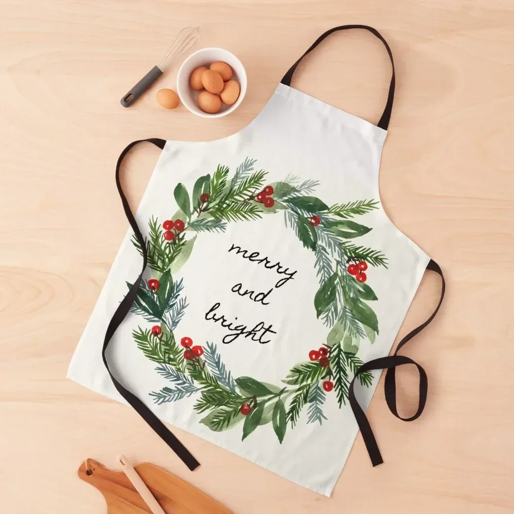 

merry and bright holiday wreath Apron Kitchen Accessories 2022 Things For The Kitchen Restaurant for women halloween Apron