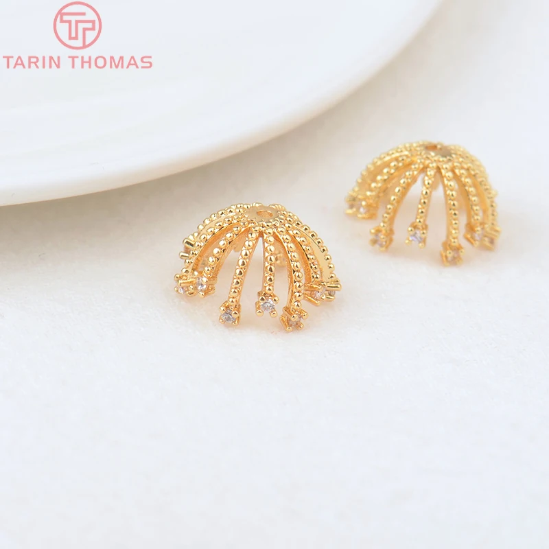 (3191)4PCS 13MM Hole 1MM 24K Gold Color Brass with Zircon Flower Bead Caps High Quality Jewelry Making Findings Accessories image 4