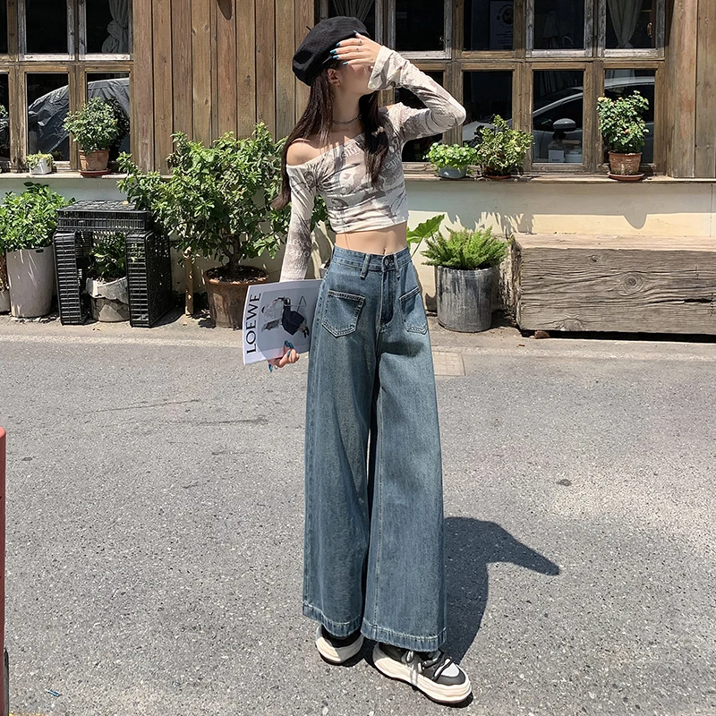 

Винтажные женские джинсы с высокой талией и широкими штанинами, эластичные мягкие джинсовые брюки в стиле ретро, свободный крой, повседневные, большие размеры, удобные