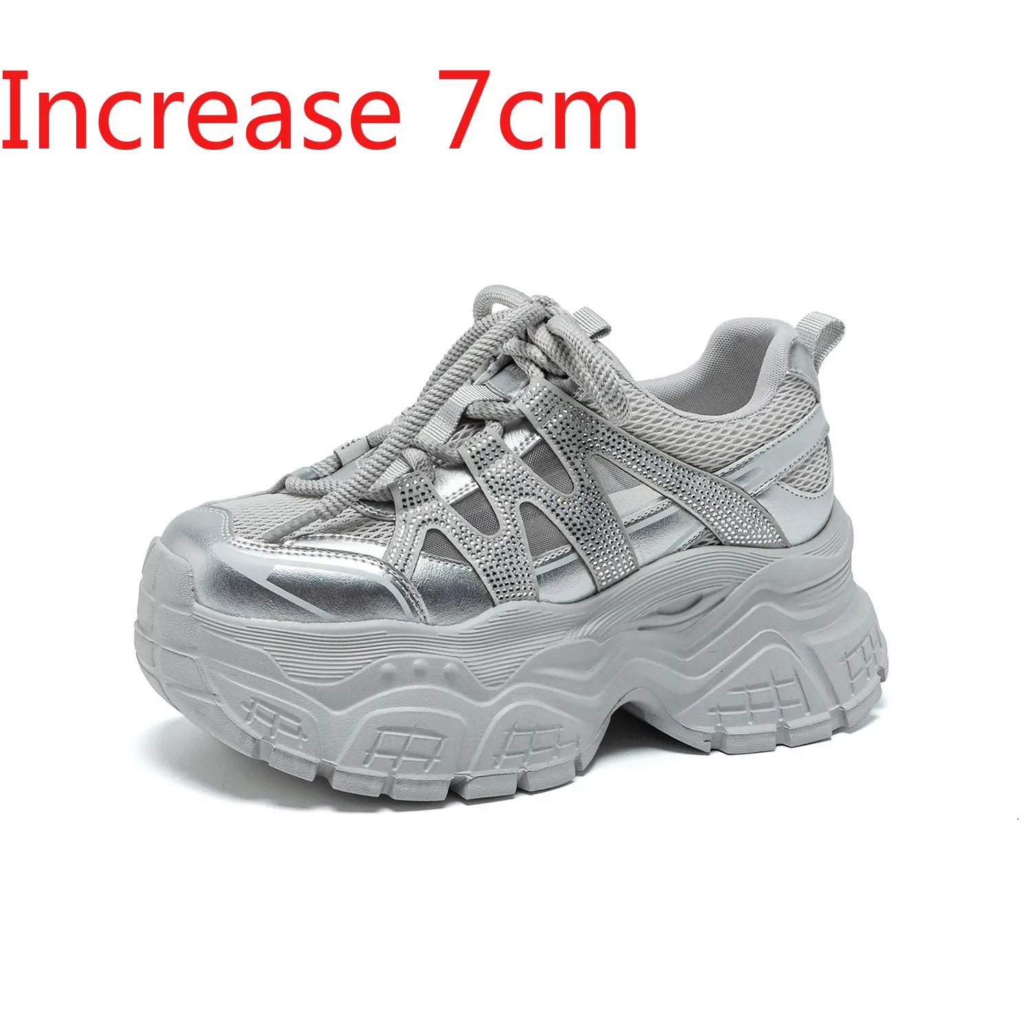 

2681Women Rhinestone Platform Chunky Sneakers Hollow Out Mesh Casual Shoes Non Slip Lace Up Thick Sole Walking Footwear