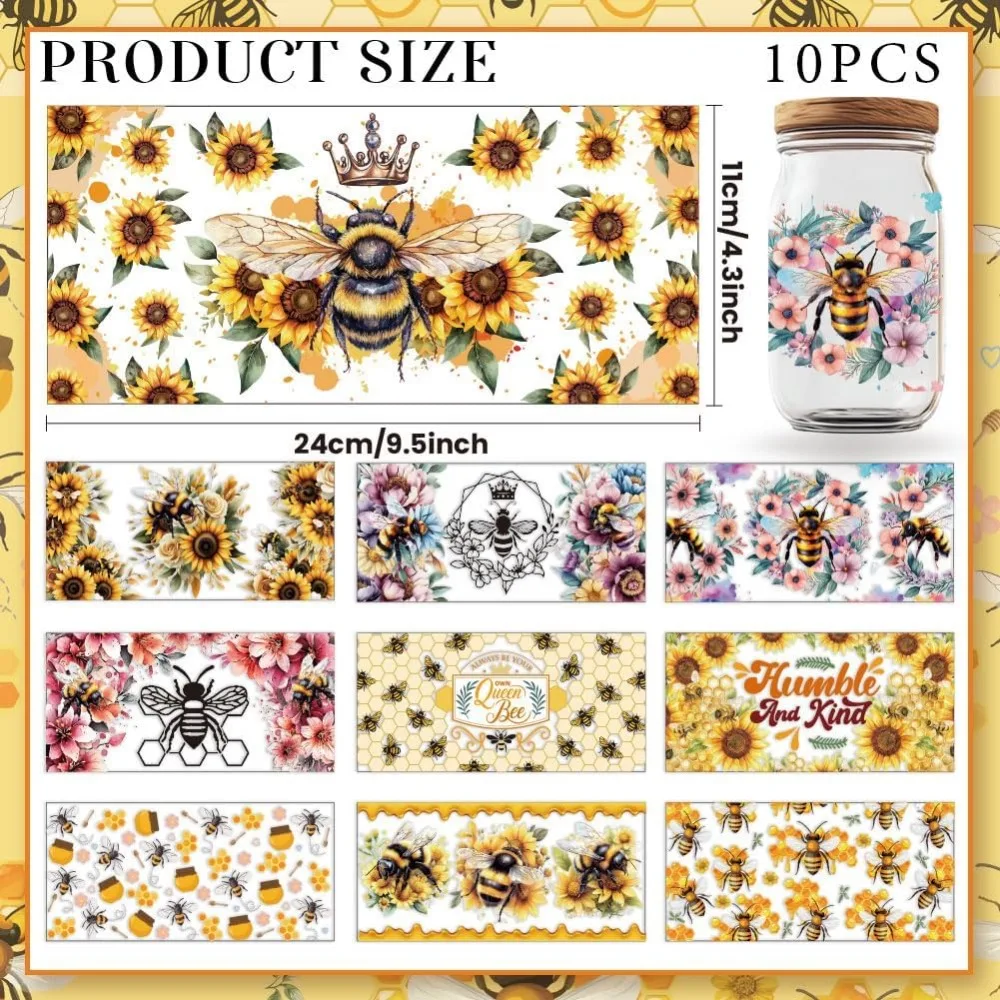 10 Sheets UV DTF Cup Wraps Sunflower Bee Honeycomb Rub on Transfer Decals PVC Waterproof Cup Transfer Stickers for DIY