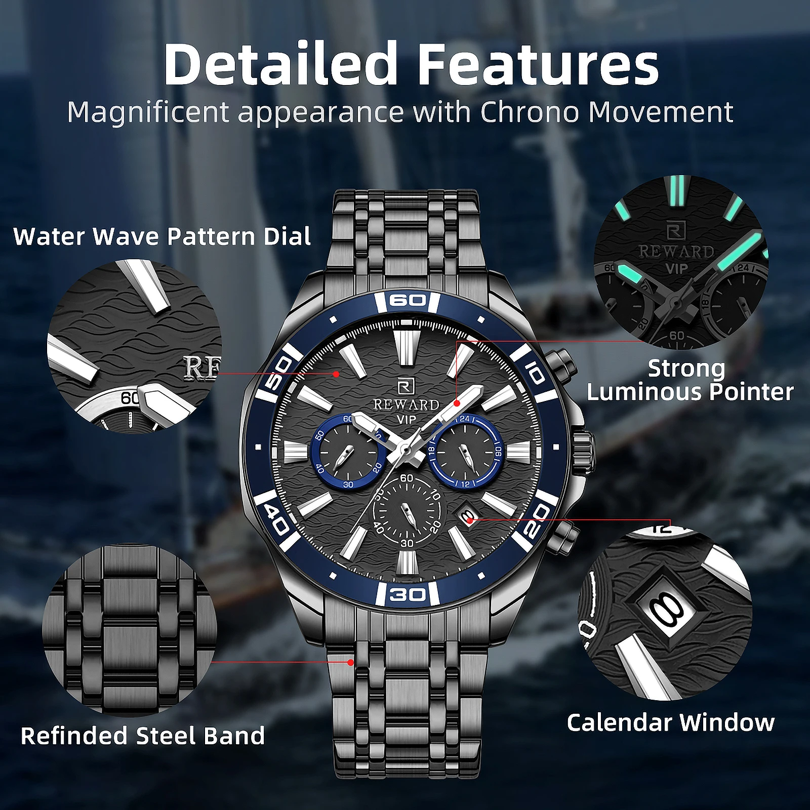 REWARD Mens Watches Waterproof  Luminous Quartz Wristwatch Business Stainless Steel Strap with gift box