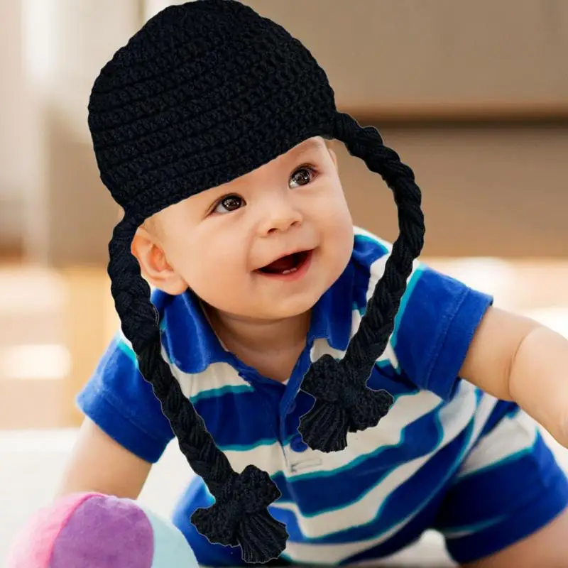 Baby Wig Beanie Double Braides Knitted Hat Winter Hat Cute Headwear Photo Props Bonnet Cap for Baby Aged 0-6 Months