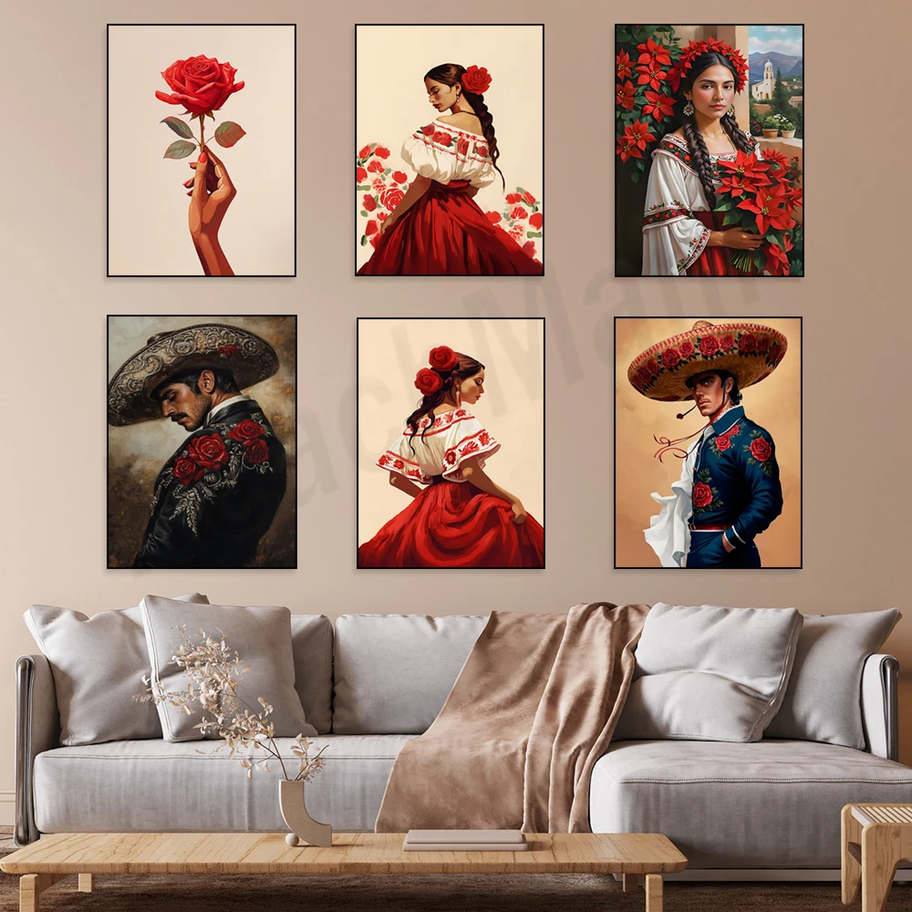 Diego Rivera style, Mexican wandering band Southwest painting, Hispanic traditional poster, Latin American folk home decor