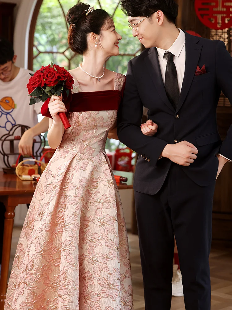 

Red Velvet Wedding Dr Square Collar Bridal Gown Korean Sle Long Skirt ort Sve for Engagement Par Wedding Celebration