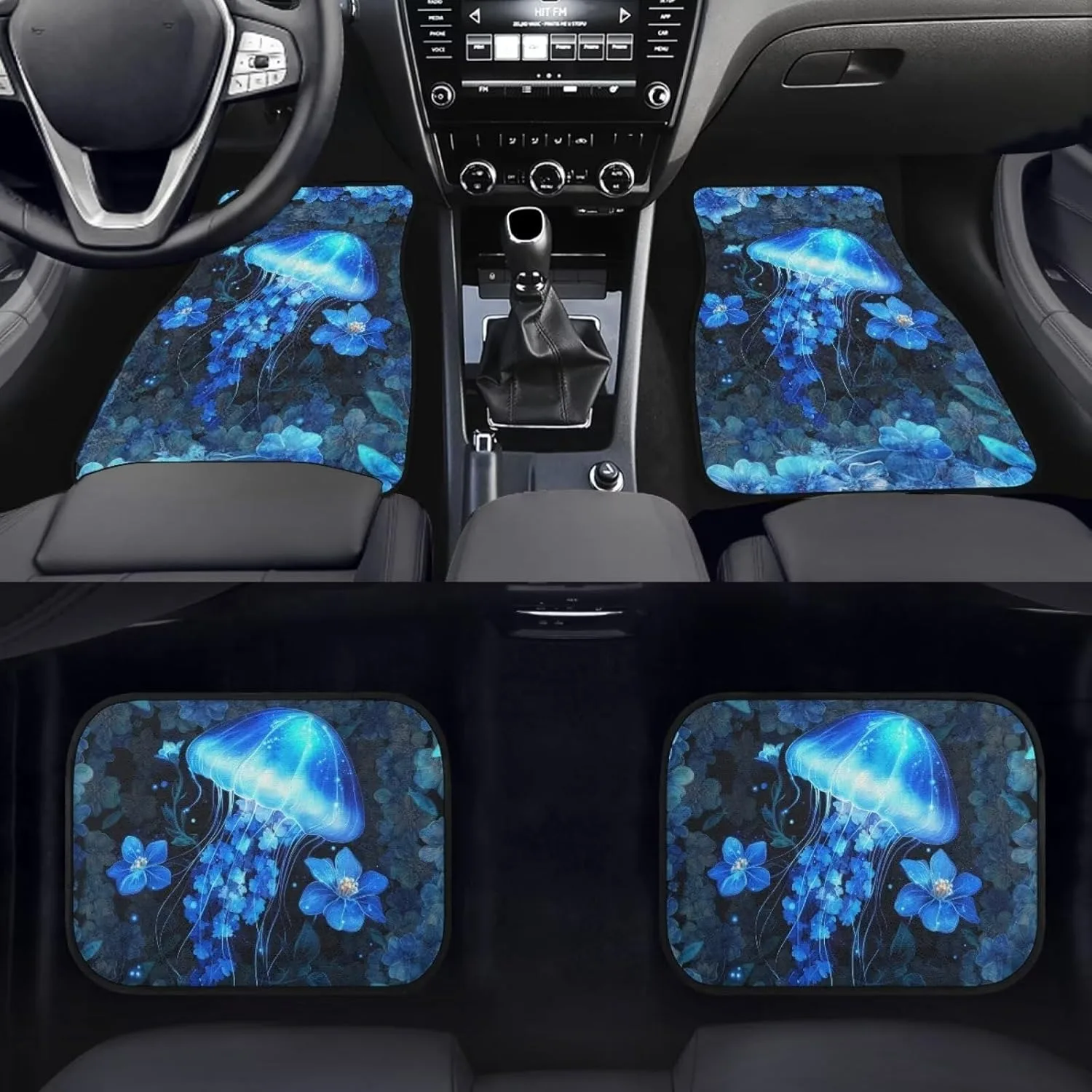 Car Floor Mats Blue Jellyfish Flowers Print 4pcs All Weather Universal Fit Durable Rubber Waterproof Car Mat For Cars Trucks SUV