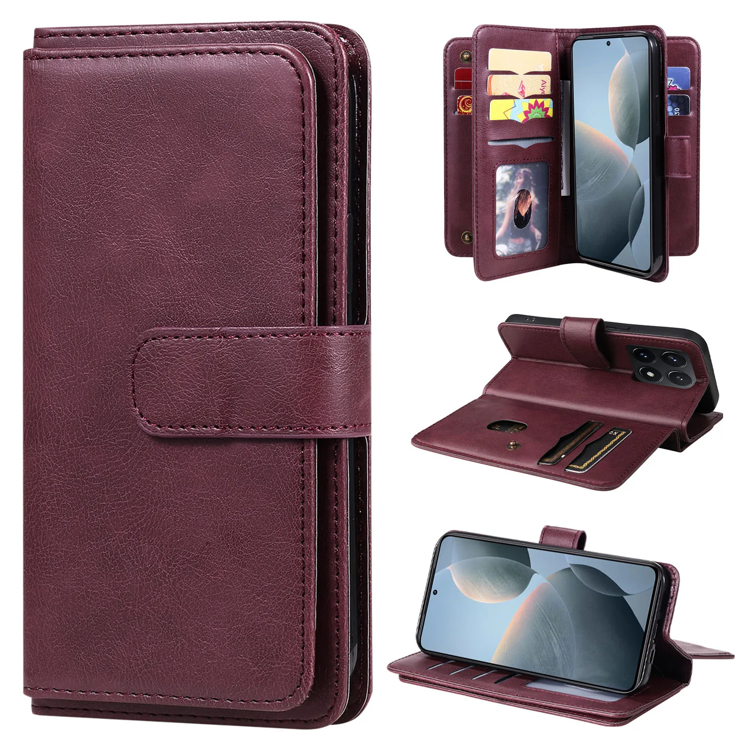 

For Xiaomi 14T Leather Case with 10 Card Holder Phone Cover Stand - Wine Red