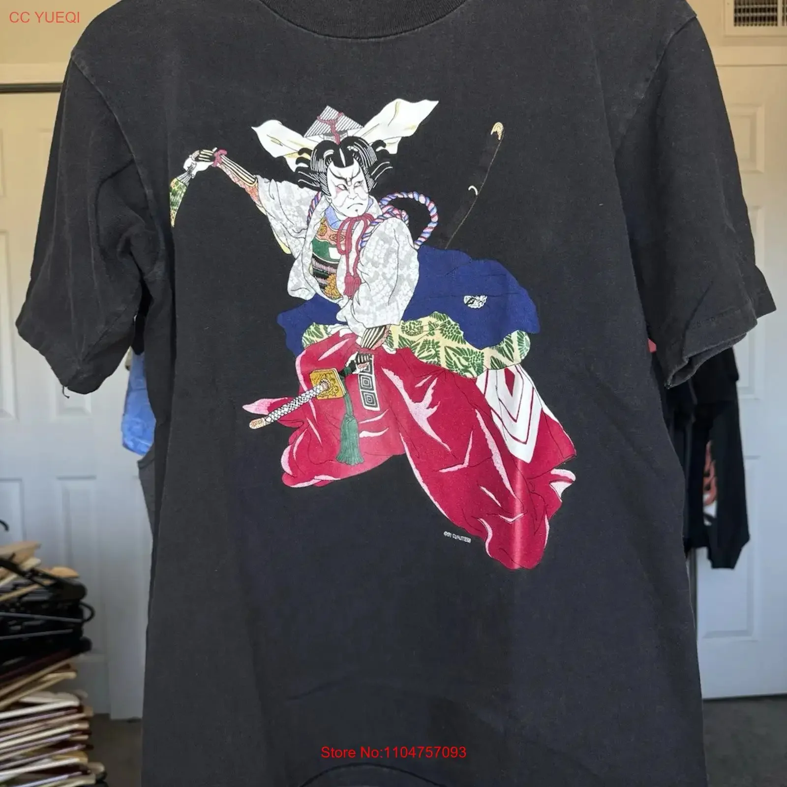 Vintage 90 s Japan art fighting style samurai anime cartoon black large shirt vintage Washed Casual Stretched Breathable