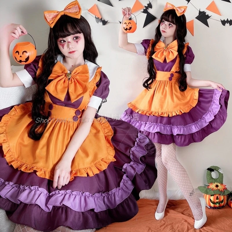 Sirvienta de Disfraz de Halloween para mujer, vestido de Lolita de bruja naranja gótica oscura, uniforme de sirvienta, Vestidos de calabaza, Anime