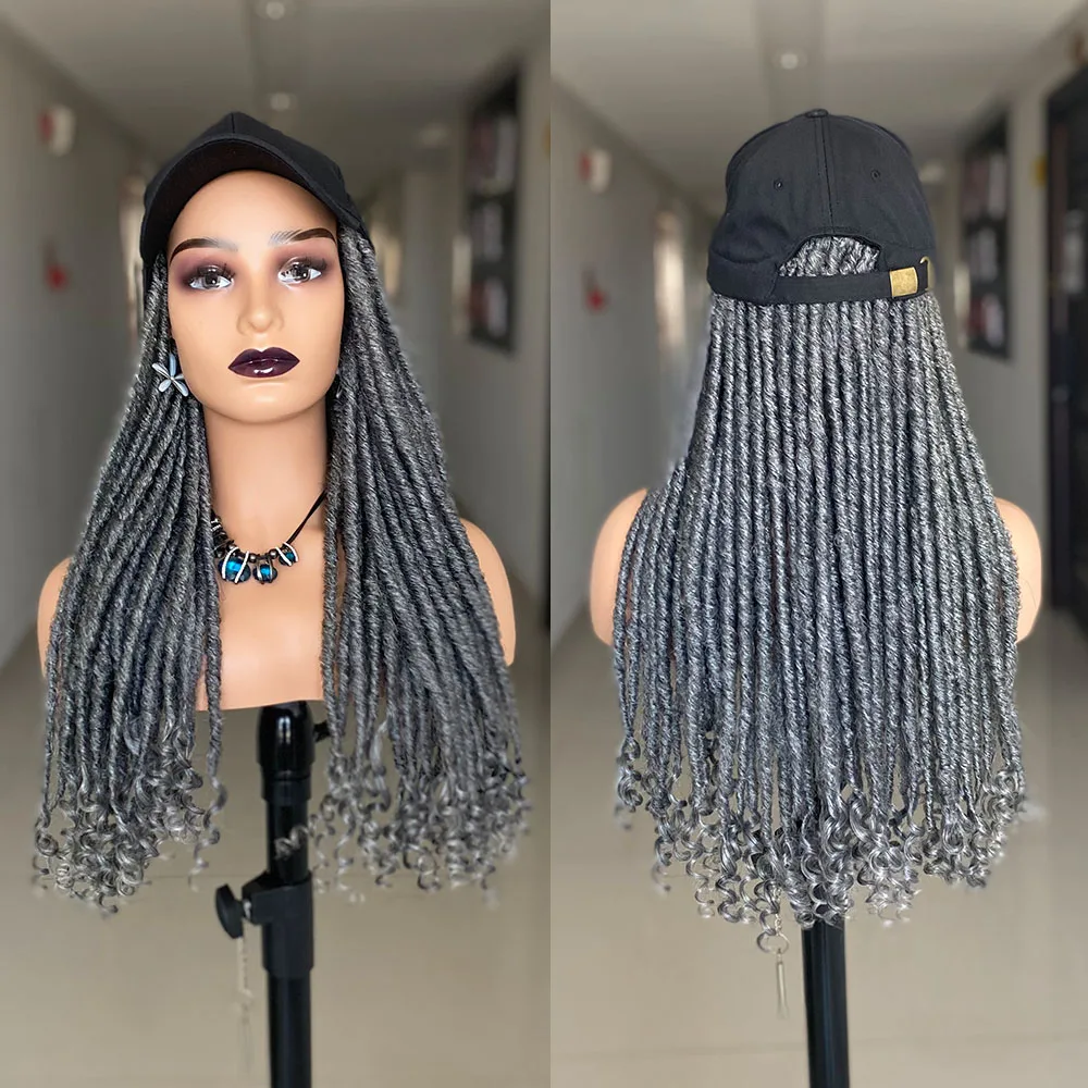 

New Baseball Cap Dreadlocks Wigs For Women Grey Color With Goddess Braided Wigs 20 Inch Synthetic Daily Party Wear Black Hat Wig