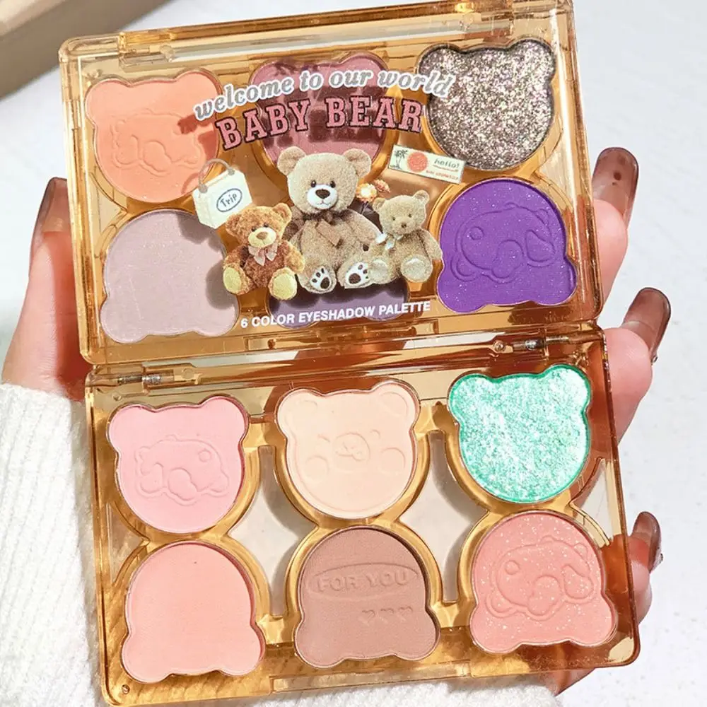 Portable Cute Bear Six-color Eyeshadow Palette Nude Glitter Eye Shadow Matte Purple Eyeshadow Makeup Palette Women