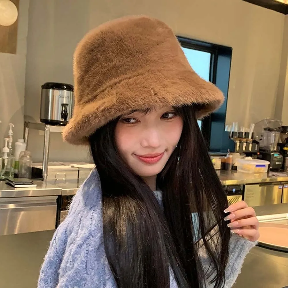 

Temperament Plush Basin Cap Warmer Solid Color Winter Fisherman Hat Imitation Mink Fur French Style Anti-cold Bucket Hat Daily
