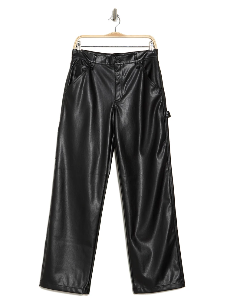 Black Matte Leather Carpenter Pants Women High Waist Faux Leather Straight Pants Ladies Stretch PU Y2K Trousers Clubwear Custom