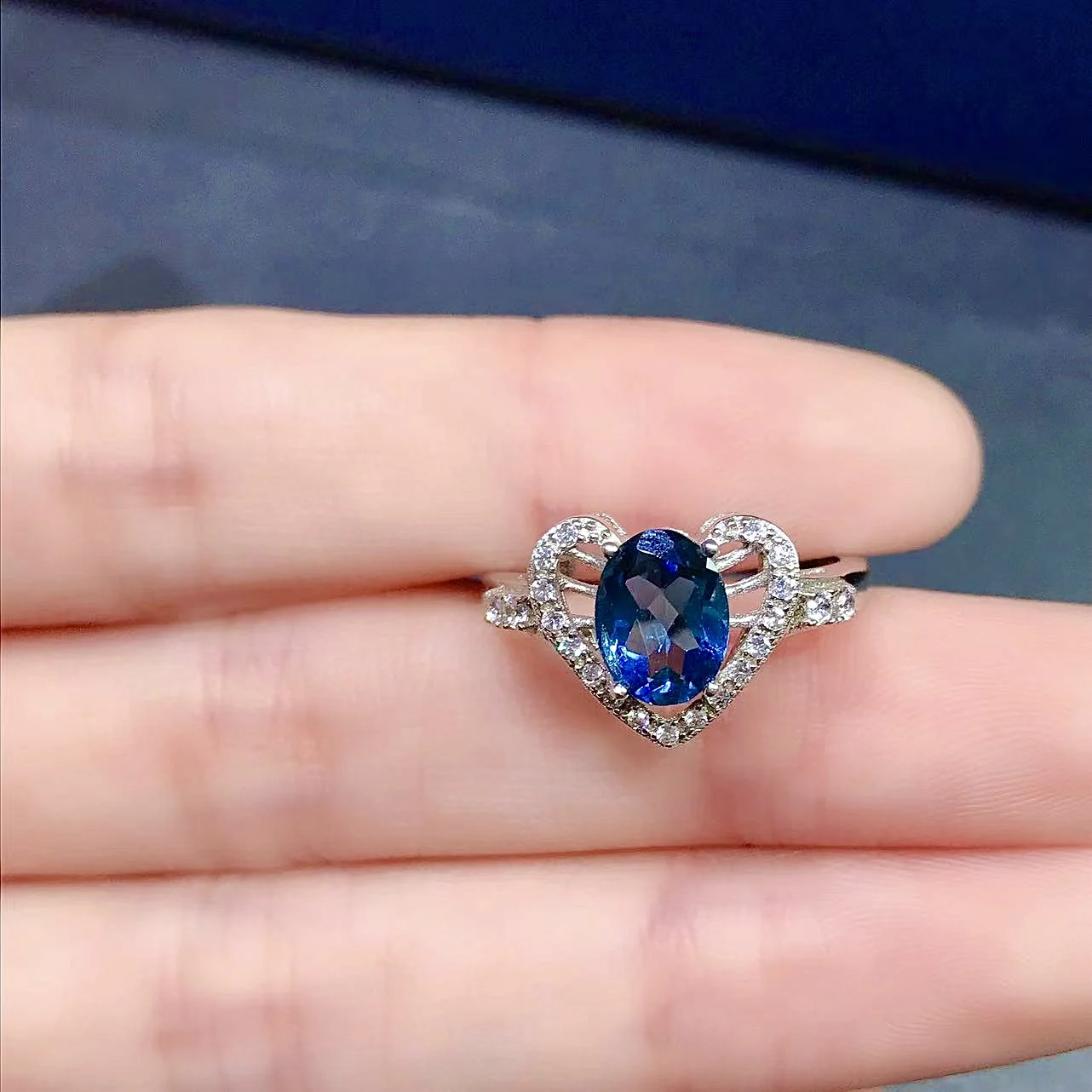 

Romantic 925 Silver Heart Ring for Engagement 6mm*8mm 1ct Natural Topaz Ring 18K Gold Plating London Blue Topaz Jewelry