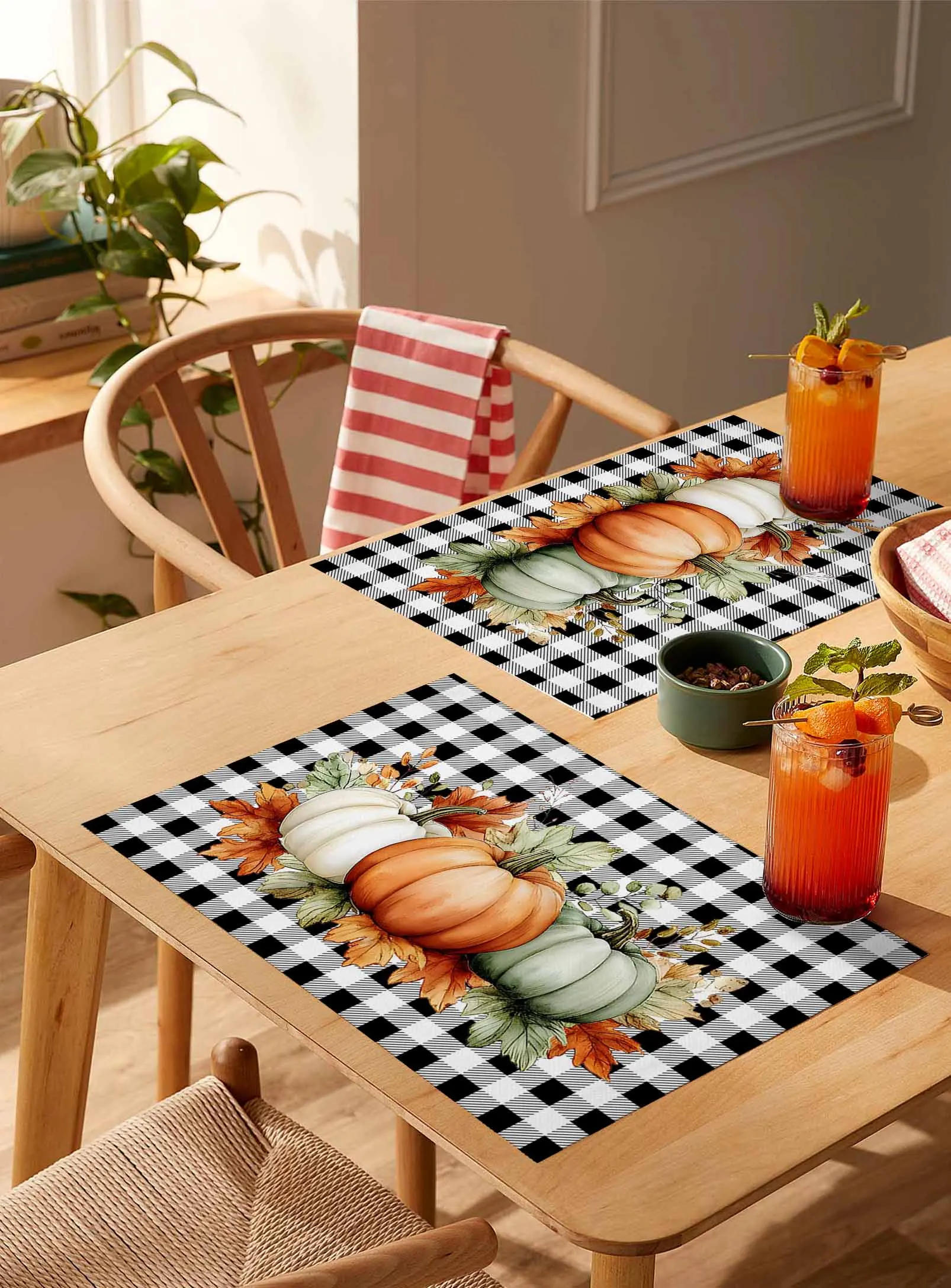 

4/6 Pcs Farmhouse Black White Plaid Pumpkin Placemat Wedding Party Dining Decor Linen Table Mat Kitchen Accessories